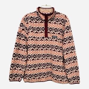 Lands End Heritage Quarter Snap Fleece Pullover Large Burgundy Orange Fair Isle